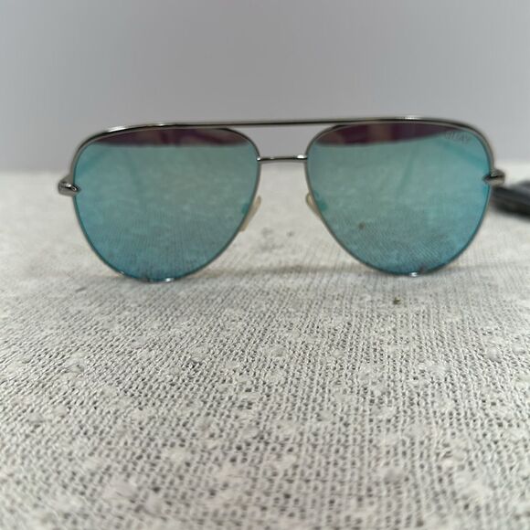 QUAY X Desi High Key Silver and Blue Mirrored Rimless Aviator Sunglasses - Picture 8 of 12